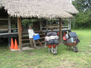 Once suitcases are weighed... they go on the luggage wheelbarrow of course!