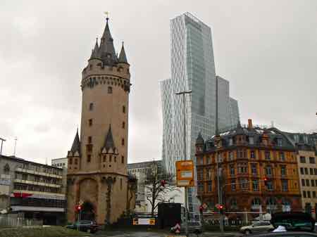 Frankfurt old city wall tower and new skyscraper