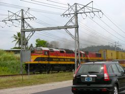 The train runs right along the road at Pedro Miguel Locks The train runs right along the road at Pedro Miguel Locks